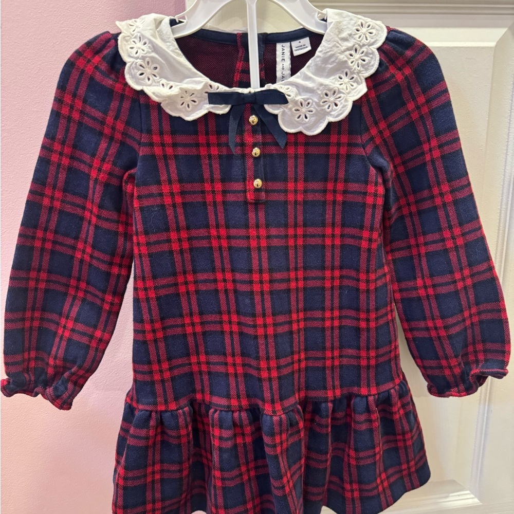 Janie and Jack Red and Navy Plaid Dress with White Collar